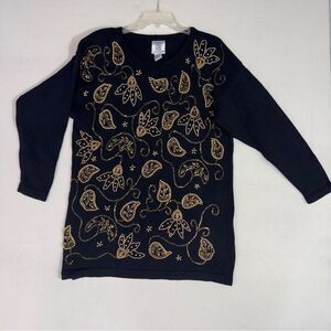 Studio Collection Vintage Black Sweater Mini dress Gold beaded tunic Sz M